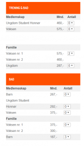 Bildet viser hvordan du viser hvordan du bestiller familiemedlemskap med voksne på "trening og bad" og barn på "bad"